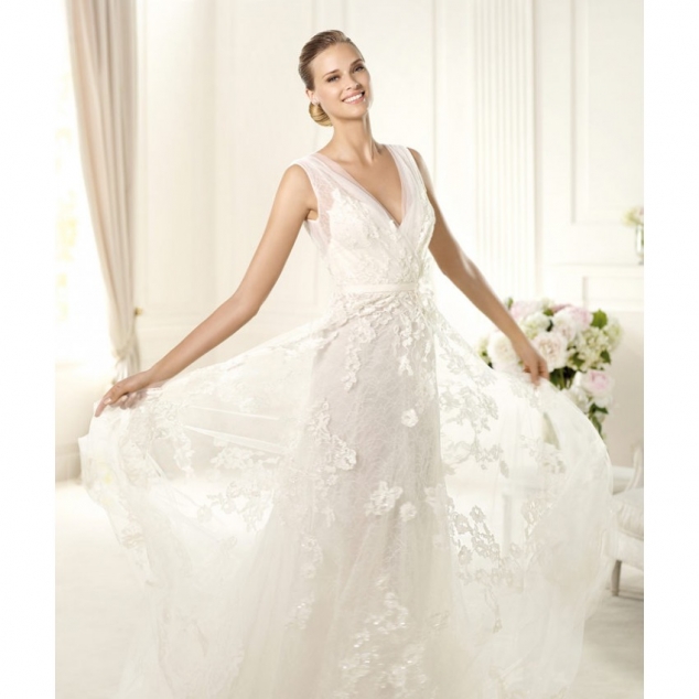 Empire A-line Spaghetti Straps V-neck Short Sleeves Lace Tulle Wedding Dresses - Image 2