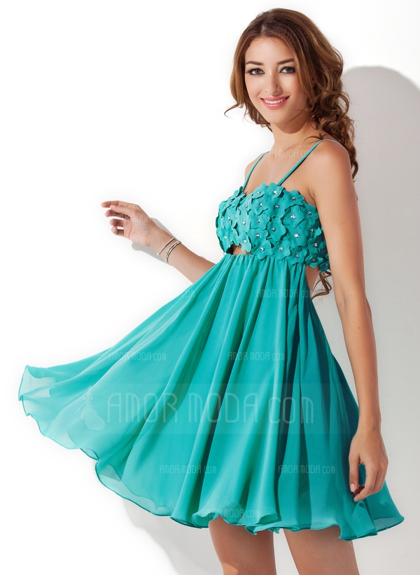 Empire-Linie Herzausschnitt Kurz Chiffon Abiballkleid mit Perlen Blumen