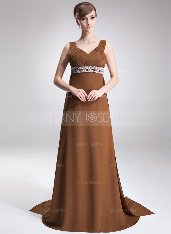 Empire-Linie Herzausschnitt Watteau Schleppe Chiffon Kleid für die Brautmutter mit Rüschen Perlen
