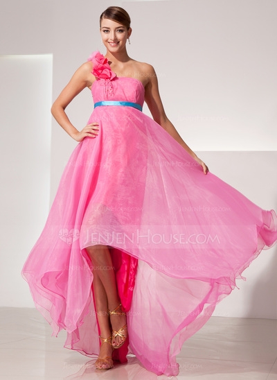 Empire One-Shoulder Asymmetrical Organza Prom Dress With Sash Flower(s)