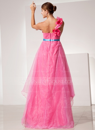 Empire One-Shoulder Asymmetrical Organza Prom Dress With Sash Flower(s) - Image 3