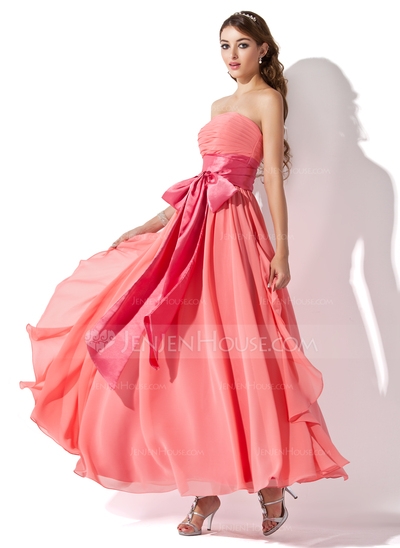 Empire Strapless Ankle-Length Chiffon Charmeuse Prom Dress With Ruffle Sash