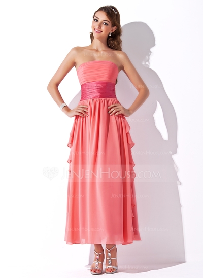 Empire Strapless Ankle-Length Chiffon Charmeuse Prom Dress With Ruffle Sash - Image 2
