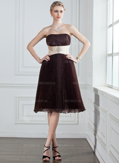 Empire Strapless Knee-Length Organza Charmeuse Bridesmaid Dress With Sash Beading Pleated 