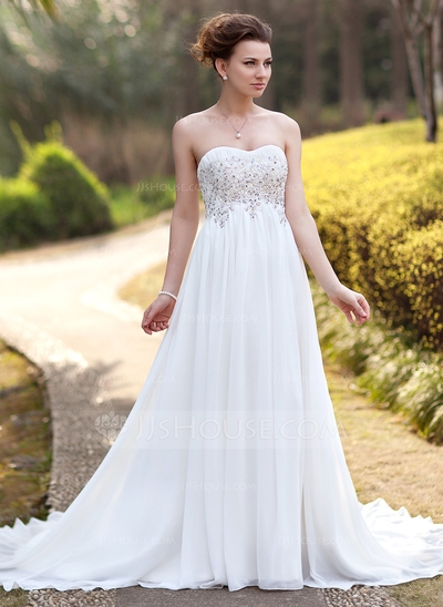 Empire Sweetheart Court Train Chiffon Wedding Dress With Ruffle Lace Beading 
