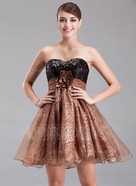 Empire Sweetheart Short/Mini Organza Charmeuse Sequined Cocktail Dress With Ruffle Beading Flower(s)