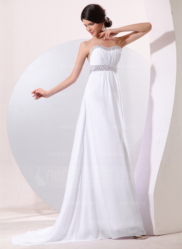 Empire Sweetheart Sweep Train Chiffon Evening Dress With Ruffle Beading Sequins 