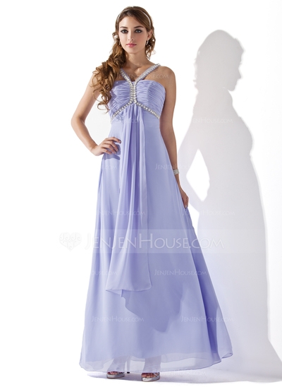 Empire V-neck Floor-Length Chiffon Prom Dress With Ruffle Beading #018013784