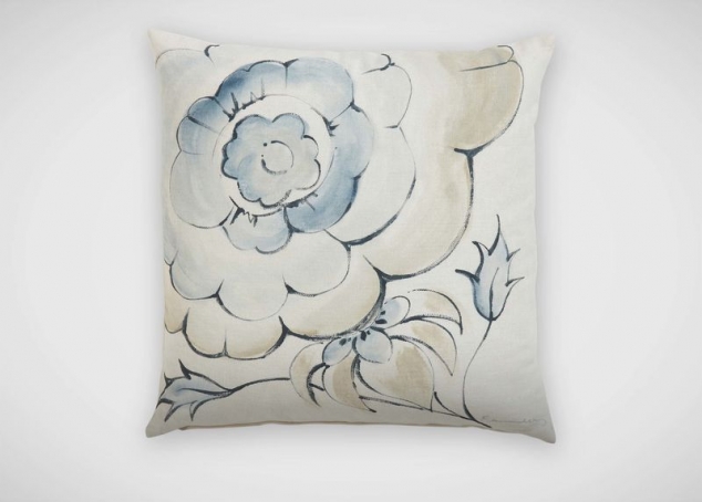 Ethan Allen Hand-Painted Blue and Taupe Floral Pillow