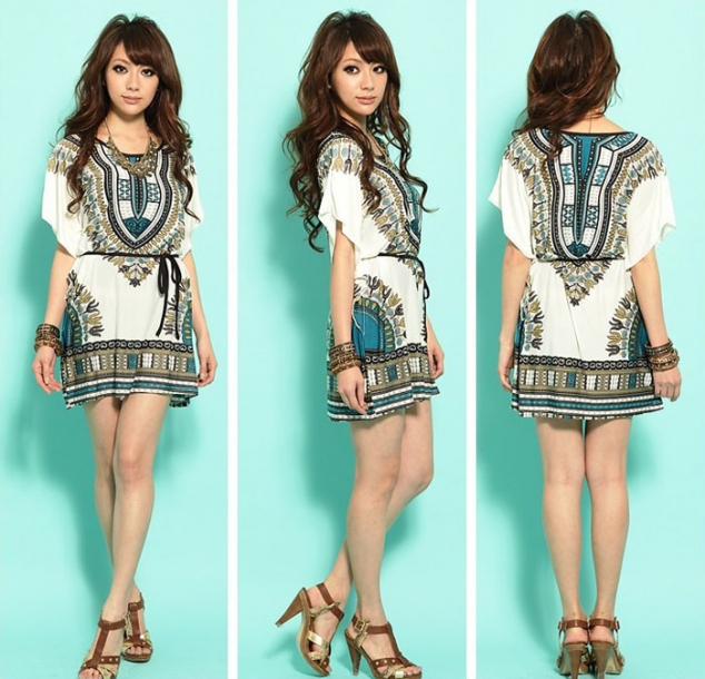 Ethnic Style Scoop Neck Contrast Color Floral Print Short Sleeve Dress For Women