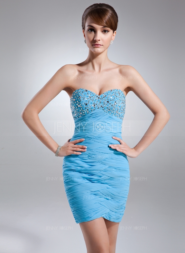 Etui-Linie Herzausschnitt Kurz Chiffon Ballkleid mit Rüschen Perlen verziert  - Image 3