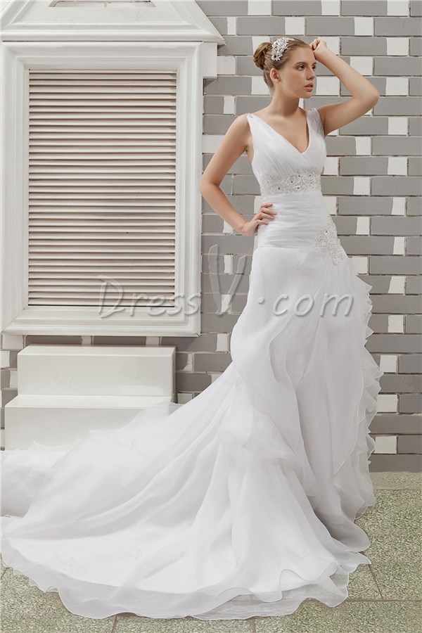 Fabulous A-line V-neck Floor-length Chapel Appliques & Ruffles Anita s Wedding Dress 