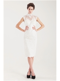 Fantastic Sheath/Column High-Neck Knee-length Lace Wedding Dress