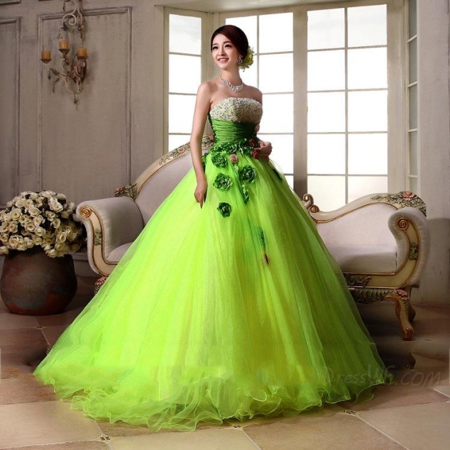 Fashion Elegant Strapless Lace-Up Beading Flower Ball Gown Dress