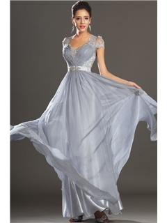 Fashion V-Neck Lace Zipper-Up Floor Length A-Line Evening Dress