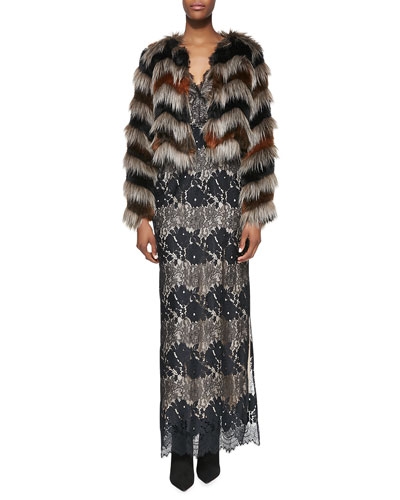 Faux-Fur Long-Sleeve Chubby Jacket & Sleeveless Floral-Lace Maxi Dress
