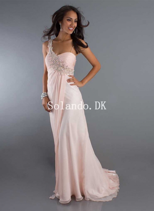 Feminie Lyserød ett skulder Chiffon Beaded Court Train Gallakjoler