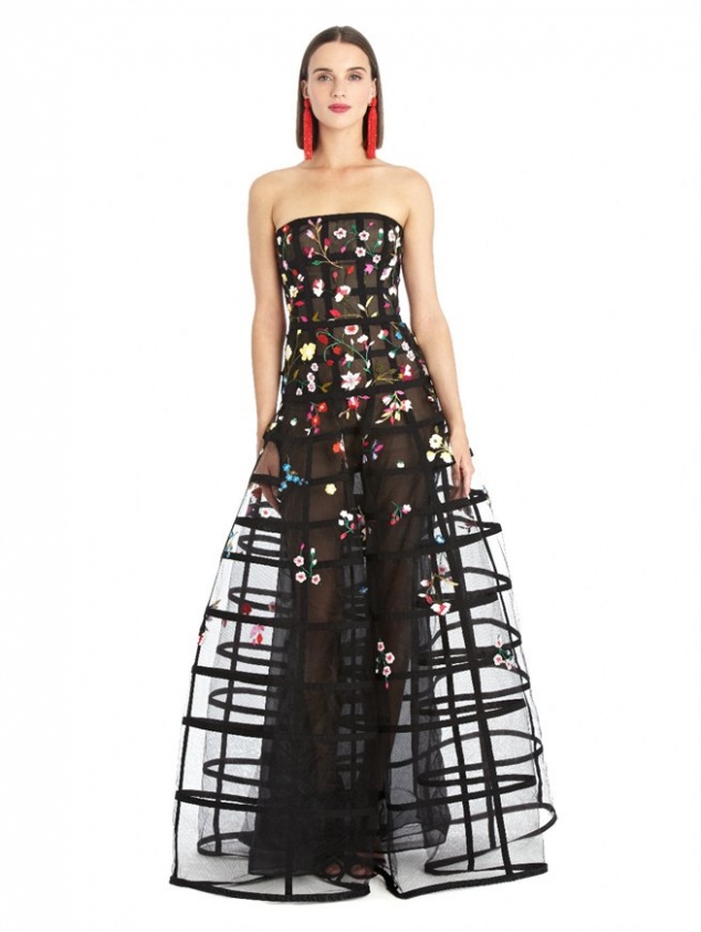 FLORAL EMBROIDERED CAGE TULLE GOWN