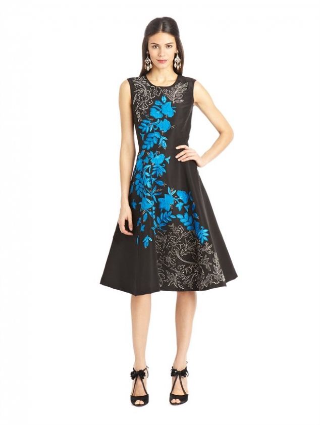 FLORAL EMBROIDERED SILK FAILLE COCKTAIL DRESS