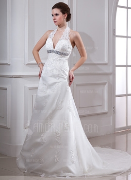 Formato A Cabresto Tribunal Trem Organza de Cetim Vestido de noiva com Renda Bordado