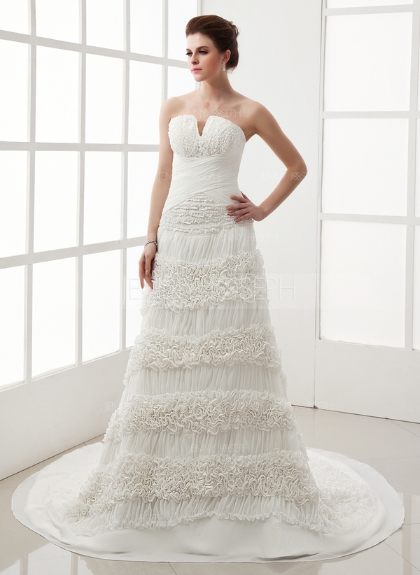 Formato A Coração Trem da capela De chiffon Vestido de noiva com Pregueado 