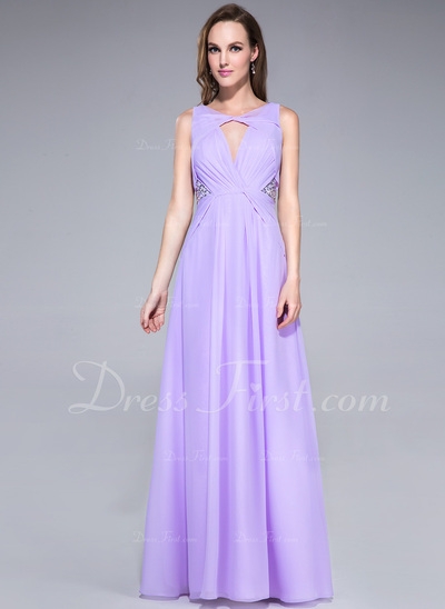 Formato A Decote V Chá comprimento De chiffon Vestido de baile com Pregueado Bordado Lantejoulas