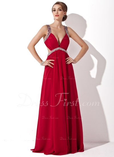Formato A Decote V Chá comprimento De chiffon Vestido de Férias com Pregueado Bordado Lantejoulas Fr