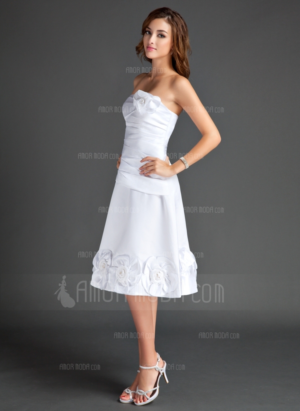 Formato A Sem Alças Joelho de comprimento Cetim Vestido de boas vindas com Pregueado fecho de correr