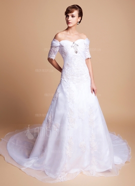 Formato A Sem o ombro Comboios Catedral Organza de Cetim Vestido de noiva com Renda Bordado