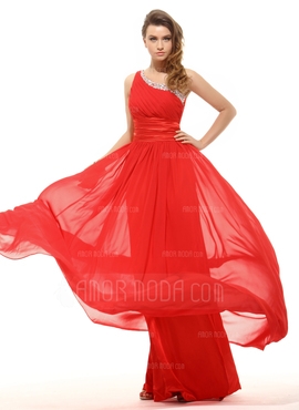 Formato A Um ombro Chá comprimento De chiffon Charmeuse Vestido de Férias com Pregueado