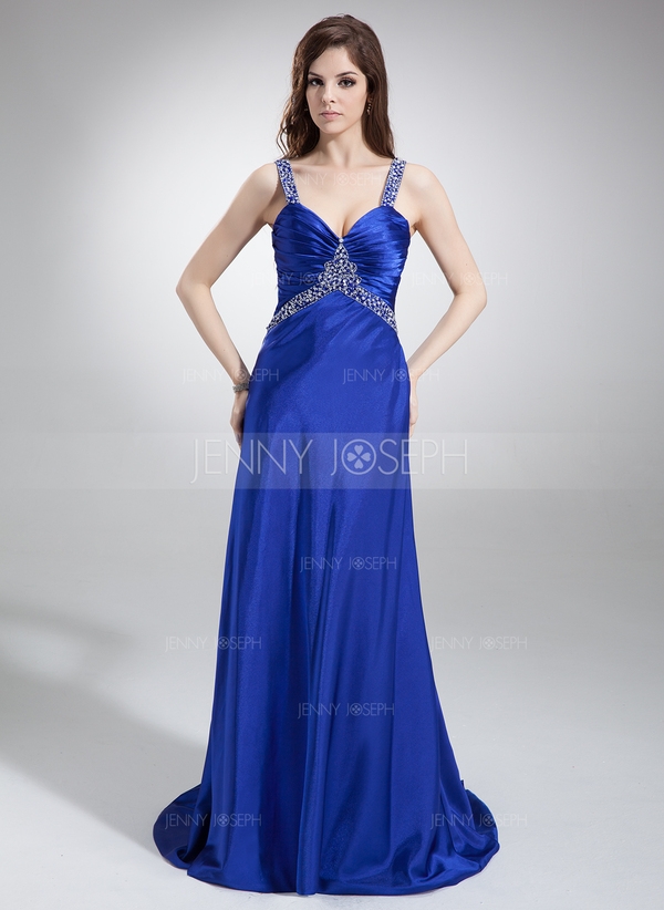 Forme Princesse Col V Traîne balais Charmeuse Robe bal d'étudiant avec Plissé Emperler (018002831)