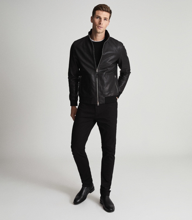 Funnel Neck Leather Jacket