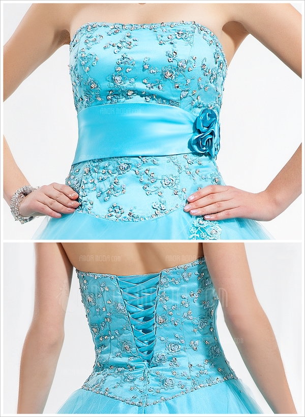 Gala-Japon Strapless thee-lengte Satijn Tule Jurk voor 15-jarige Verjaardag met Kant Kralen Bloem(En - Image 3