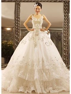 Glamorous V-Neck Beadings Chapel Train Tiered Ball Gown USD $595.99