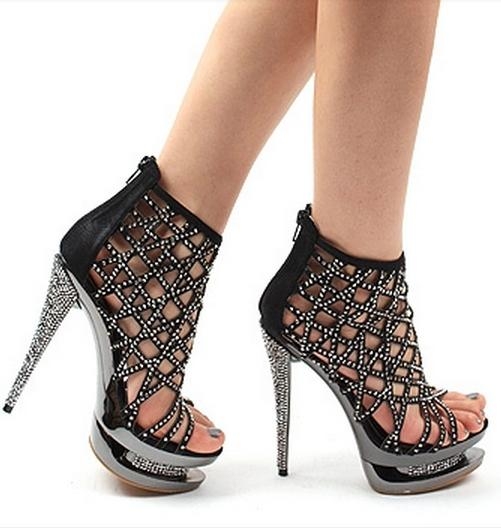 Gorgeous Black Nubuck Cut-Outs Rhinestone Platform Sandals