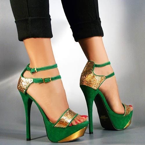 Gorgeous Green & Gloden Contrast Colour High Heel Sandals with Double Ankle Strap