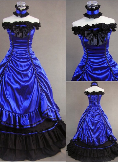 Gorgeous Pleated Multi-layered Off-shoulder Neck Ornament Sleeveless Blue Gothic Victorian Dress
