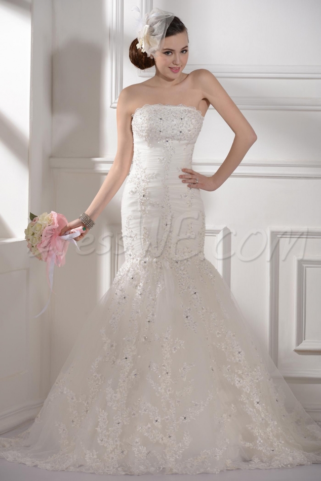 Gorgeous Trumpet/Mermaid Strapless Appliques Chapel Train Floor-length Wedding Dress 