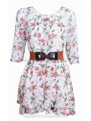 Green Half Sleeve Floral Drawstring Chiffon Dress for HPL