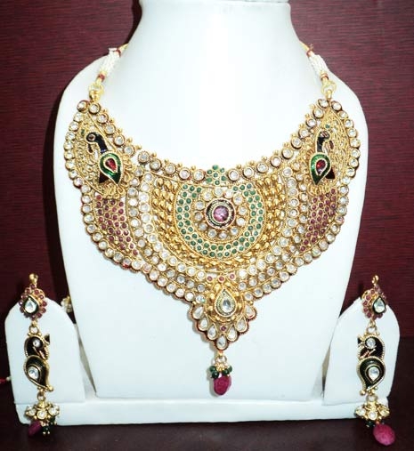  Green, Wine and Off White Stone Studded Necklace Set