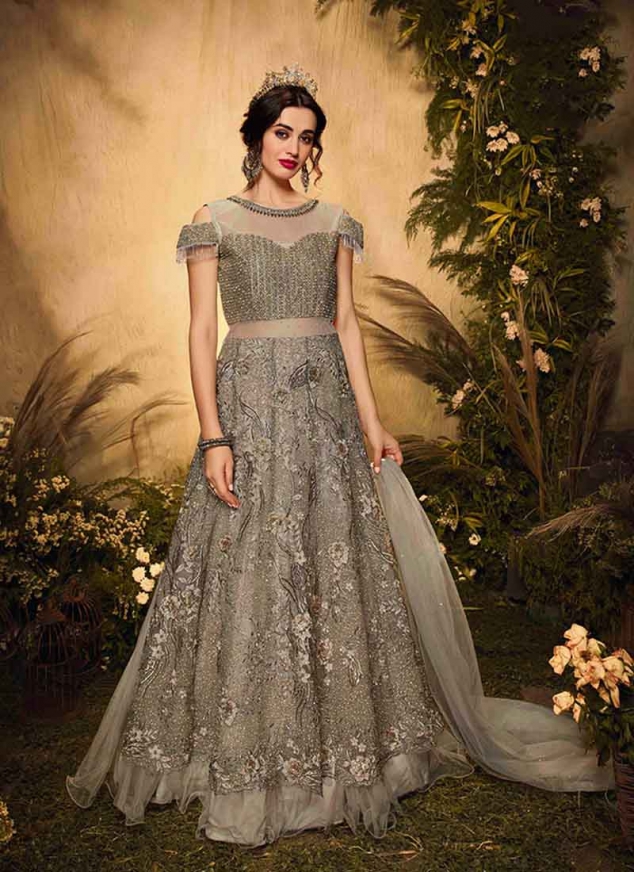 Grey Sequin Zari Embroidered Net Anarkali Suit