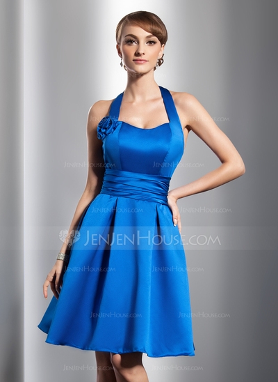 Halter Knee-Length Satin Homecoming Dress