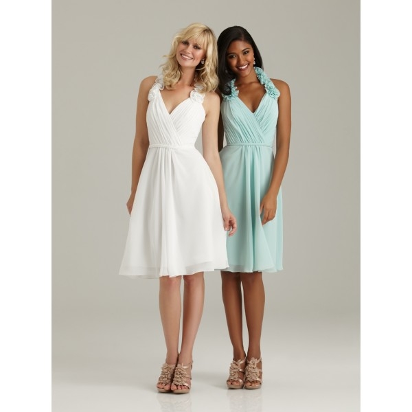 Halter V neck Flower Sheath Ruching Knee Length Bridesmaid Dresses