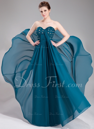 Império Coração Chá comprimento De chiffon Vestido de festa com Pregueado Renda Bordado Lantejoulas 