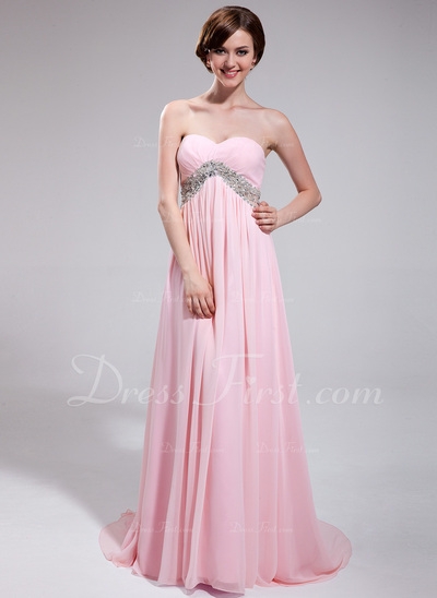 Império Coração Trem da varredura De chiffon Tule Vestido de baile com Pregueado Bordado (018025625)