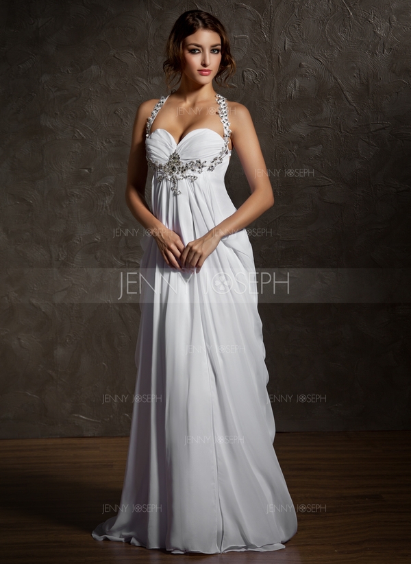 Império Coração Trem da varredura De chiffon Vestido de noiva com Pregueado Bordado