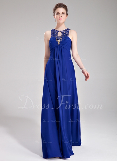 Império Decote redondo Chá comprimento De chiffon Tule Vestido de festa com Pregueado Renda Bordado 