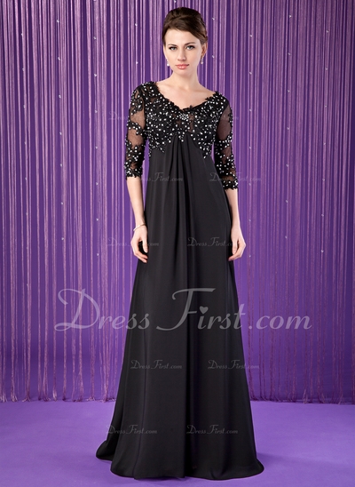 Império Decote V Trem da varredura De chiffon Tule Vestido para a mãe da noiva com Laço Perolização 