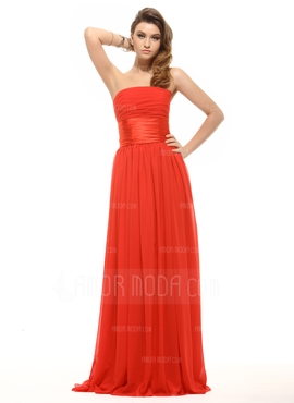 Império Sem Alças Chá comprimento De chiffon Charmeuse Vestido de Férias com Pregueado