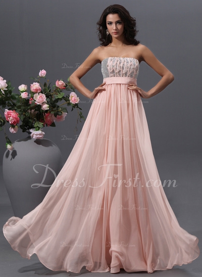 Império Sem Alças Chá comprimento De chiffon Vestido de baile com Bordado Lantejoulas (018022745)